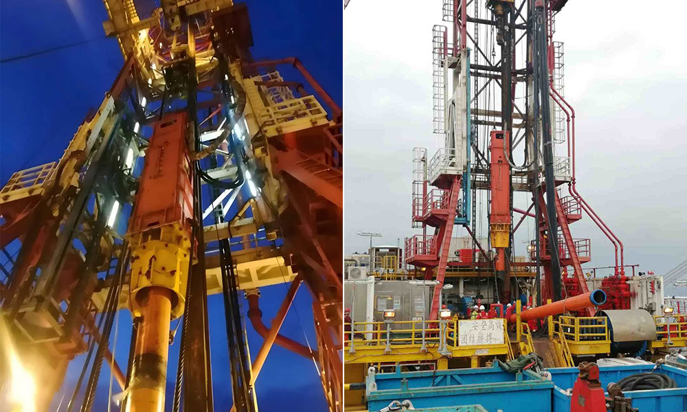 CNOOC pile-driving operation for casing installation on an offshore drilling platform  with a 16-ton ram 
