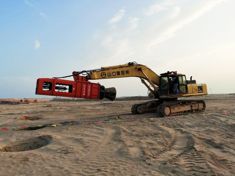 The Rapid Impact Compaction is installed on the excavator and moves